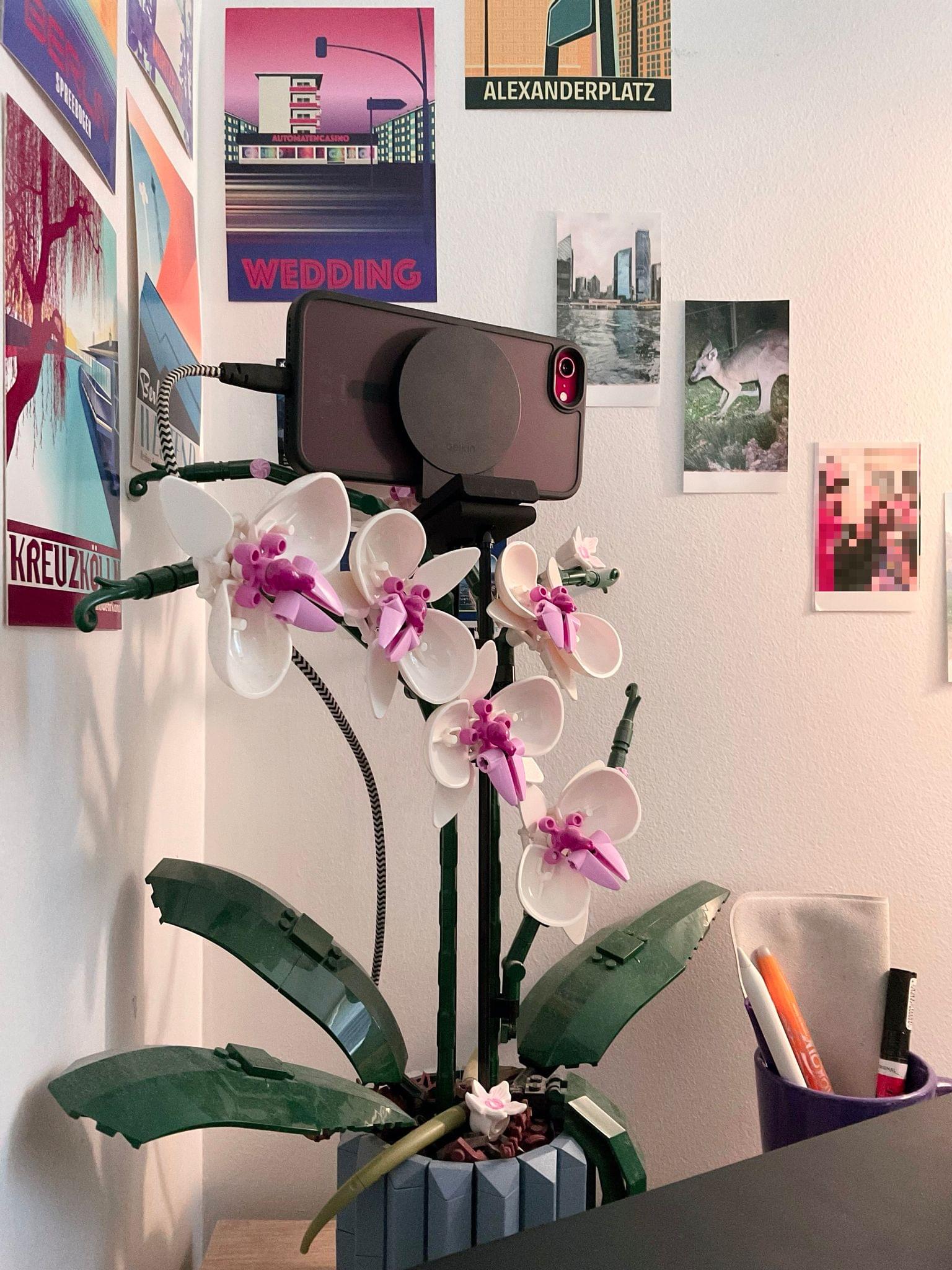 Here's my genius video recording contraption made out of an old iPhone SE, a MagSafe mount, and a LEGO plant.